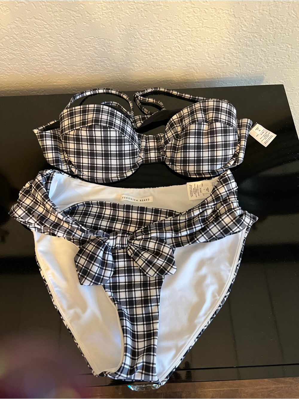Veronica Beard Black & White Plaid Bikini Set with Front Bow